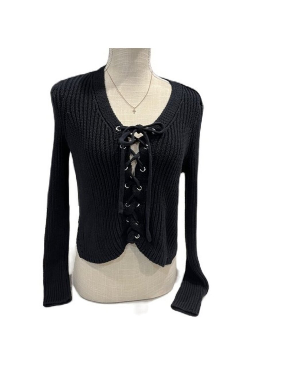 Kendall & Kylie Black V-Neck Lace-Up Sweater